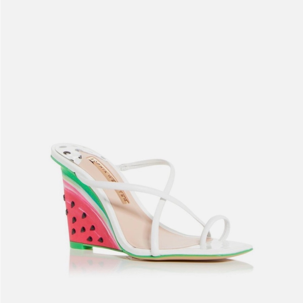Sophia Webster White Leather Strappy Wedges with Playful Fruit-Print Heel